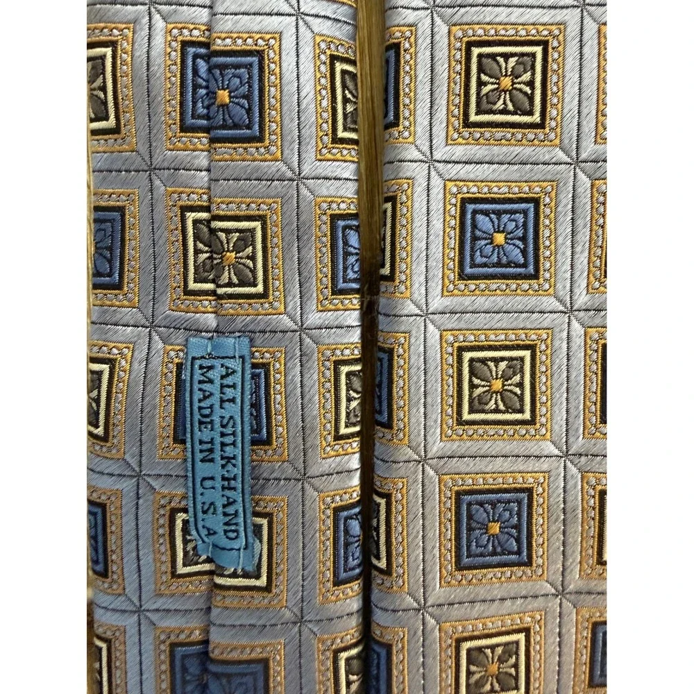 JZ Boulder Silk Tie Mens Blue Gold Geometric Medallion‎ Hand Made USA